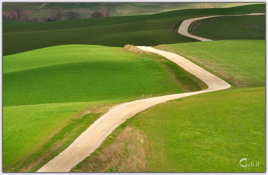 Verde brillante dei prati circostanti, strada sinuosa invita a camminare, luce del sole si muove con lo sguardo, panorama incantevole che abbraccia l'essere 