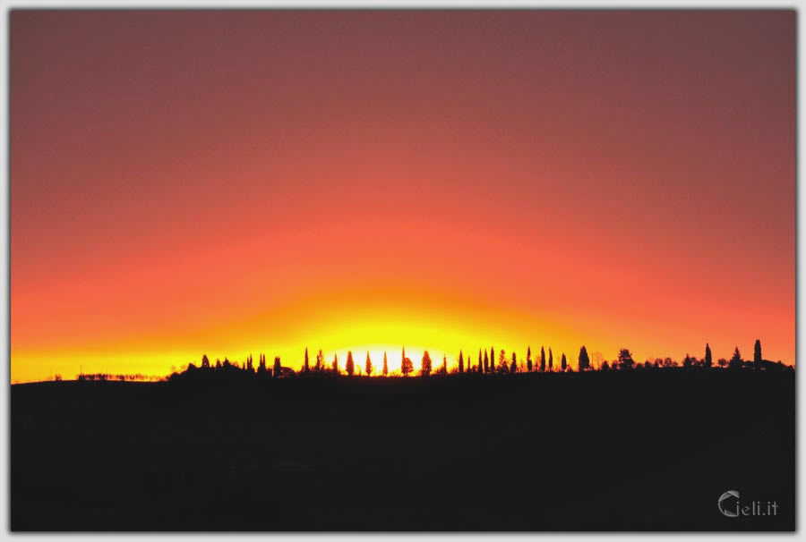 Alba sulla collina con cipressi che brillano alla luce del primo mattino, attesa silenziosa con sole che sorge.